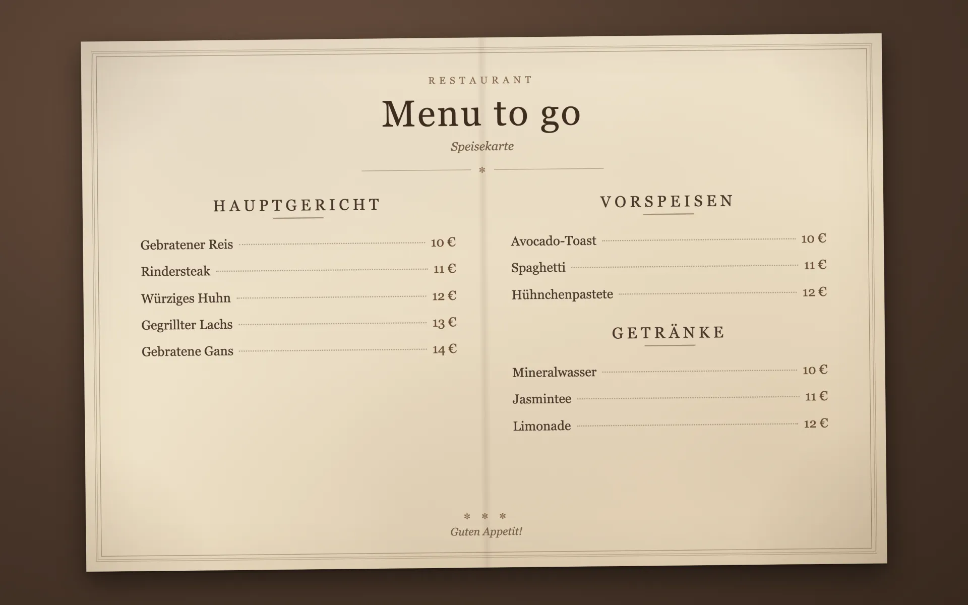 Gedruckte Papier-Speisekarte